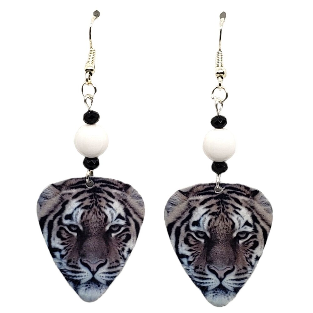 BENGAL TIGER on Guitar Pick Beaded Earrings - Handmade in USA NEW Clearance Sale